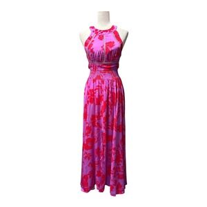 Abel the Label Charlotte Pink Floral Maxi Dress Halter Backless Smocked S NWT